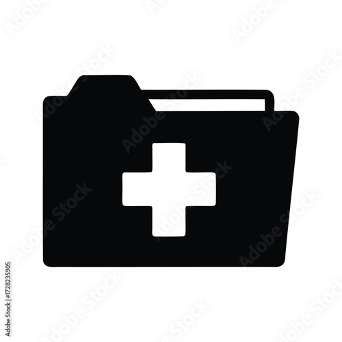 Medical records folder with white plus sign for health information storage, medical file folder silhouette vector illustration