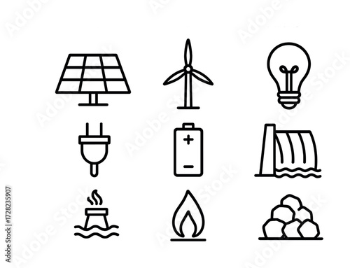 Renewable and non-renewable energy source icons: solar, wind, hydro, nuclear, fossil