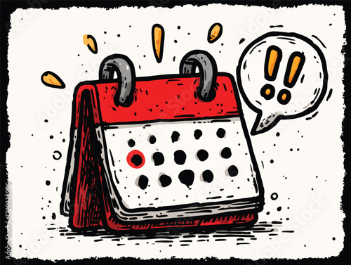 手書き風のレトロな卓上カレンダーに、重要な予定や記念日が赤丸で示され、驚きや期待感を伝える吹き出しが添えられています。