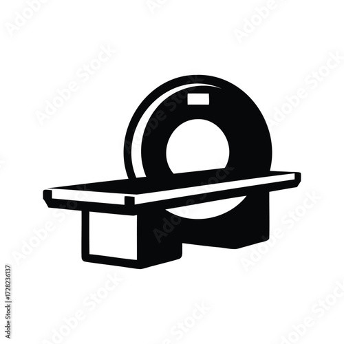 Stylized black and white icon of a medical CT scanner device, medical scanner silhouette vector illustration