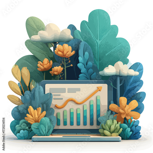 豊かな自然とテクノロジーが調和し、ラップトップ画面に成長を示すグラフが描かれた、持続可能なビジネスの発展を象徴する美しいベクターイラストレーション。