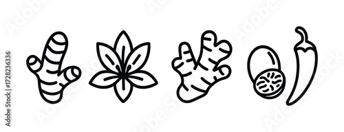 Ginger, star anise, nutmeg, and chili pepper icons in black and white design