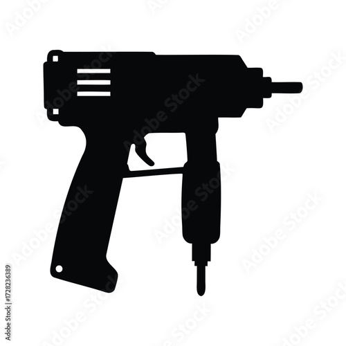 Black silhouette of a nail gun used for construction and repair work, nail gun silhouette vector illustration