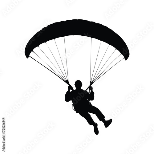 Silhouette of a paraglider against a white background, gliding in the air, paragliding silhouette vector illustration