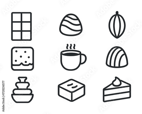 Chocolate line icons set: bar, egg, cocoa, fondue, cake, hot drink, praline, square