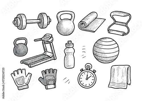 Vintage gym equipment sketch: dumbbell, kettlebell, yoga mat, treadmill, water bottle, stopwatch, gloves