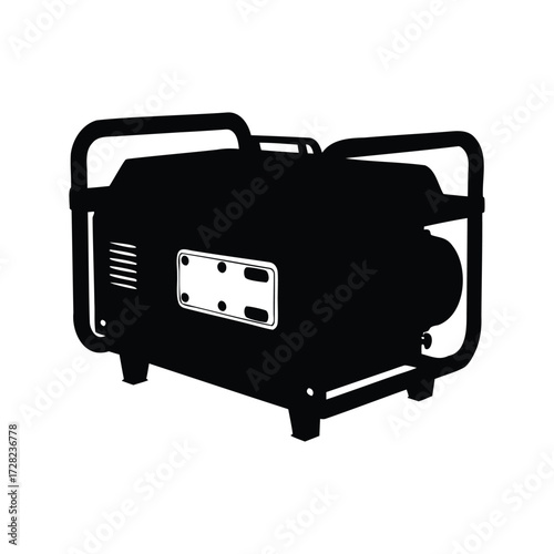 Black silhouette of a portable generator with a protective roll cage frame, power generator silhouette vector illustration