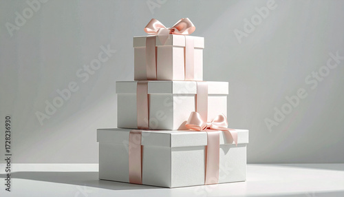 Stack of three white gift boxes tied with light pink ribbons, casting shadows on a white surface and background.
