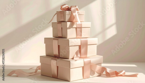 Stacked gift boxes with satin ribbons, bathed in soft sunlight, creating a warm and inviting scene.
