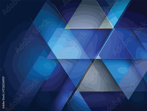 青い幾何学的な三角形が重なり合うモダンな抽象背景は、テクノロジーやビジネスのプレゼンテーションに最適な、奥行きのあるデジタルデザインを表現しています。