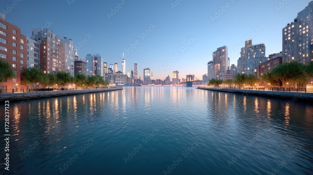 Obraz premium Nighttime Financial District Skyline Reflection on Water with Buildings and Illuminated Trees Under Blue Sky