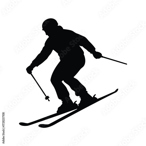 Silhouette of a skier skiing down a mountain, winter sports, black color, skiing downhill silhouette vector illustration