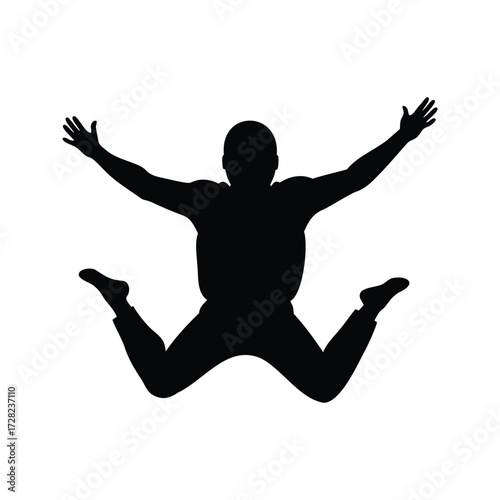 Silhouette of a man jumping with arms raised in joyful expression, skydiving silhouette vector illustration