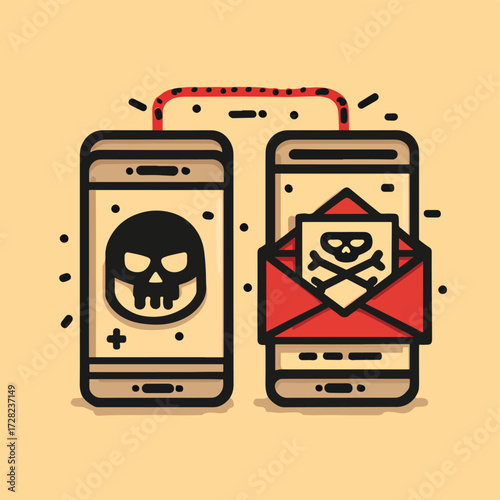 モバイルデバイス間で拡散するサイバー脅威やマルウェア感染の危険性を象徴的に表現した、シンプルで視覚的なベクターイラスト。