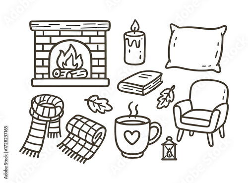 Cozy autumn symbols: fireplace, scarf, pillow, mug, candle, chair, leaves, lantern