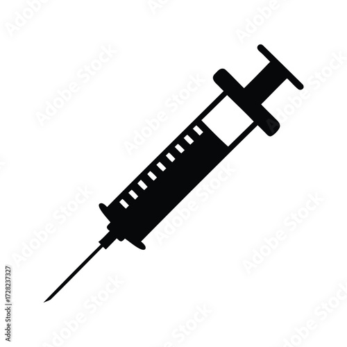 Black and white illustration of a hypodermic needle for medical injection, syringe silhouette vector illustration