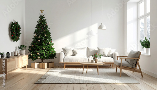 Bright and airy living room decorated for the holidays, featuring a Christmas tree.