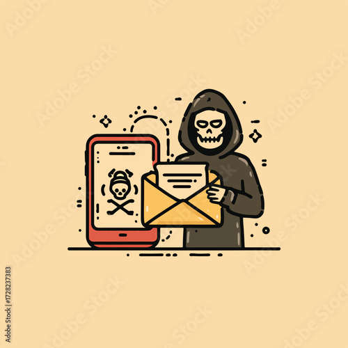 現代社会に潜むサイバー犯罪の危険性と、個人情報保護の重要性を警告する、不気味なハッカーがスマートフォンに悪意あるメッセージを送りつける状況を描いたベクターアート。