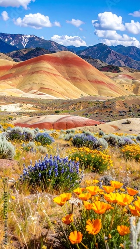 Vibrant wildflowers bloom in the foreground of colorful, rolling hills under a bright, blue sky