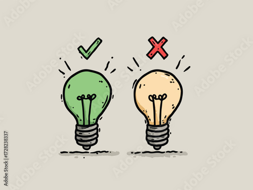 💡正しい選択を示す輝く緑色の電球と、誤った判断を象徴する薄暗い電球が対比的に描かれた、創造性と意思決定の概念を表現するベクターイラスト。