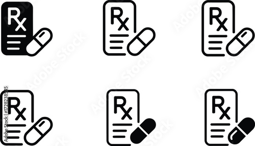 Prescription Icons: Rx Symbol with Pill, Medical Document and Medicine
