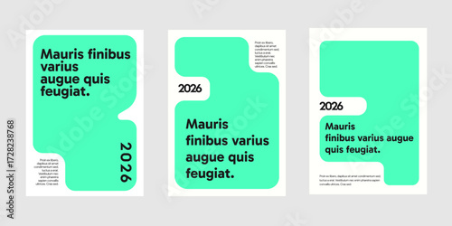 Collection of modern minimalist poster templates featuring abstract green shapes and bold typography. Vector graphic design for event flyers or book covers