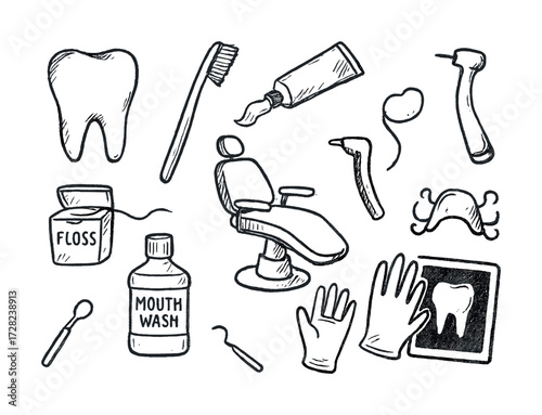 Hand-drawn dental care tools: toothbrush, floss, chair, gloves, toothpaste, mouthwash