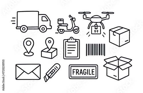 Delivery and shipping icons set featuring truck, scooter, drone, package, and more