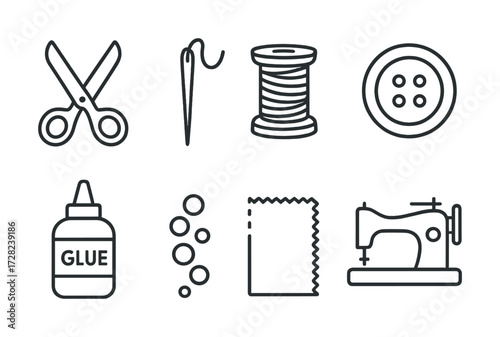 Sewing tools icons: scissors, needle, thread, button, glue, fabric, sewing machine
