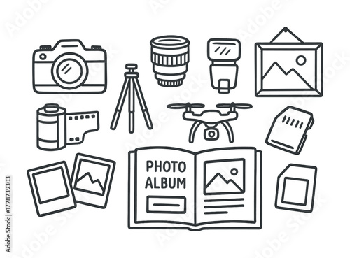Photography equipment icons set featuring camera, lens, tripod, drone, photo album