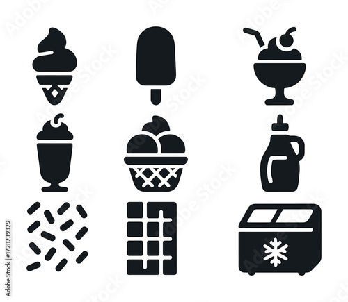 Ice cream icons set: cones, popsicle, sundae, syrup, chocolate, sprinkles, freezer