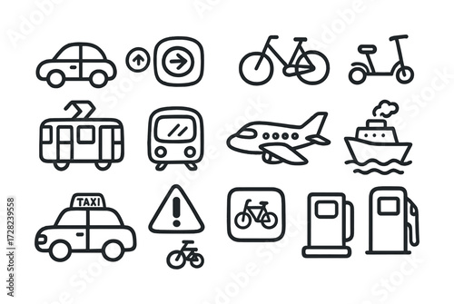 Transportation icons set: car, bicycle, scooter, plane, boat, train, bus, taxi, gas pump