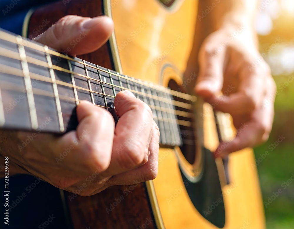 Obraz premium Close-up of hands playing an acoustic guitar (1)