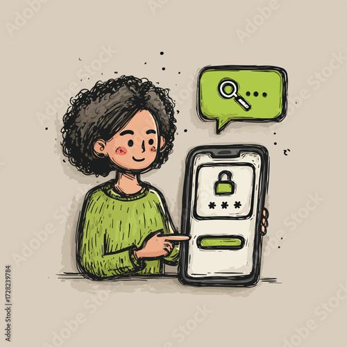 オンラインセキュリティの概念を視覚化した、スマートフォンでアカウントにログインし、個人情報を保護する様子を描いた手描きのベクターイラストレーション。