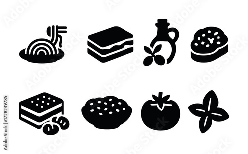 Silhouette icons of italian cuisine: pasta, lasagna, olive oil, bruschetta, tiramisù, risotto, tomato