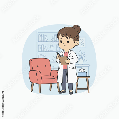 A friendly female psychologist in her office, holding a clipboard and pen, ready for a therapy session.