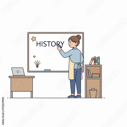 A female teacher writes the word "HISTORY" on a whiteboard in a classroom setting with a laptop and books.
