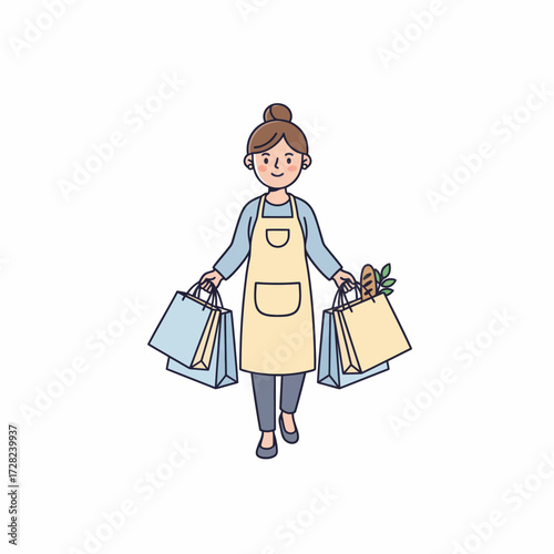 A smiling woman wearing an apron carries shopping bags filled with fresh groceries, including bread and vegetables.