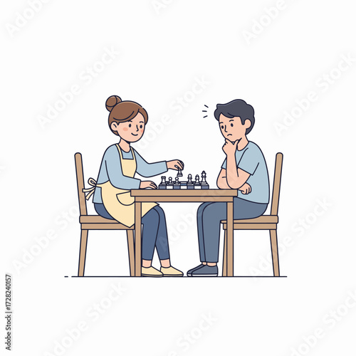 A woman in an apron makes a move in a chess game, leaving her male opponent looking thoughtful.