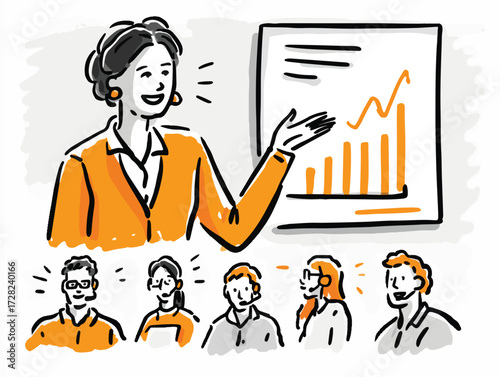 女性がプレゼンテーションを行い、聴衆が熱心に耳を傾けるビジネス会議の様子を描いた、成長とコミュニケーションを象徴するベクターイラスト。