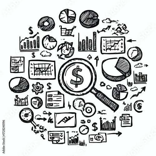 金融、ビジネス、データ分析の要素を網羅した手描きアイコンが円形に集合し、現代の市場動向と戦略的思考を表現するベクターイラストレーション。