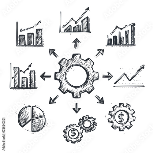 歯車を中心に様々なデータグラフが放射状に配置され、ビジネスの分析、戦略、成長、そして財務管理の概念を手描きスケッチ風に表現したベクターイラストレーション。