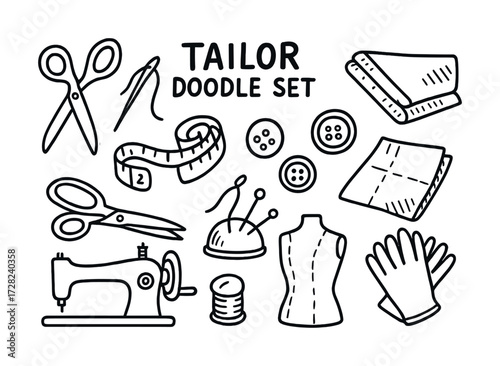 Tailor doodle set: sewing tools and accessories illustration with scissors, thread, and fabrics