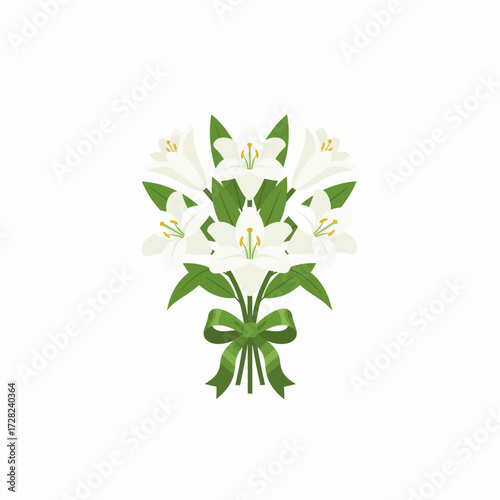 An elegant bouquet of fresh white lilies with lush green leaves, tied together with a green ribbon.