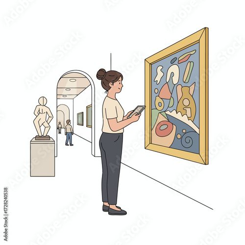 A woman holding a tablet admires a modern abstract painting in a minimalist art gallery exhibition.