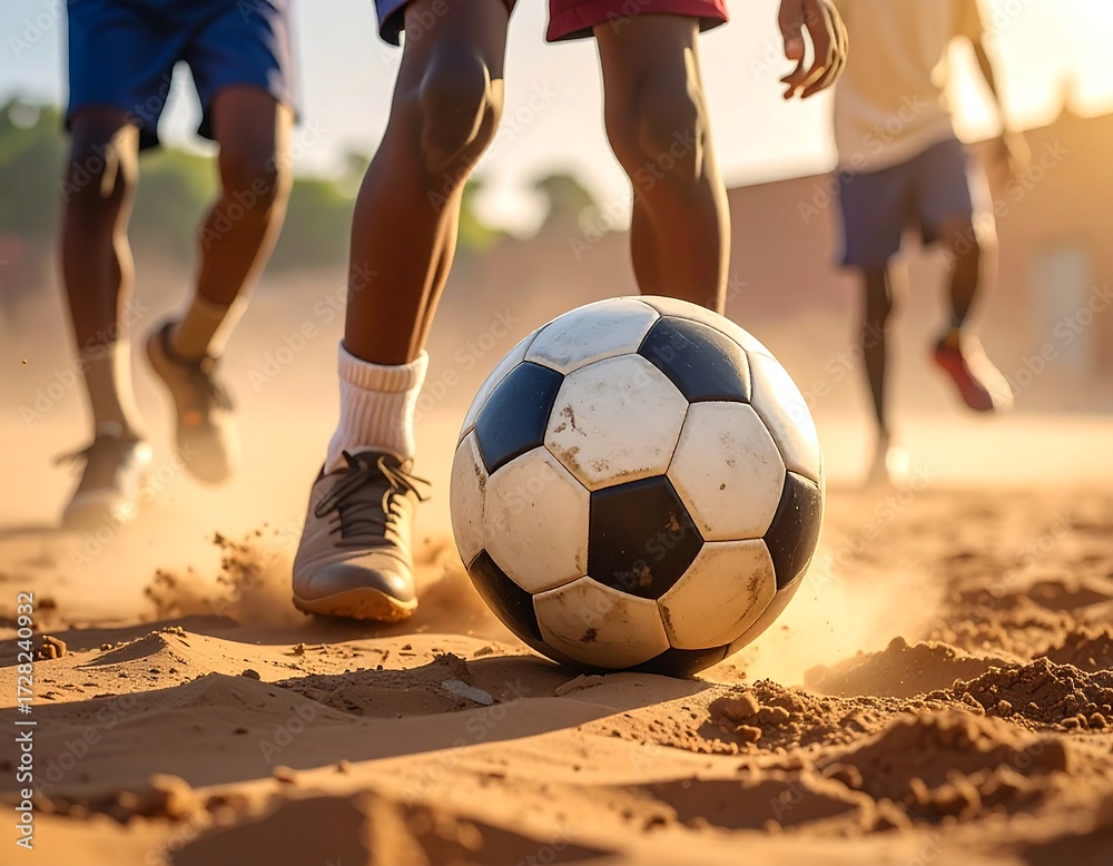 Fototapeta premium Unleashed passion of a barefoot soccer game in the sun