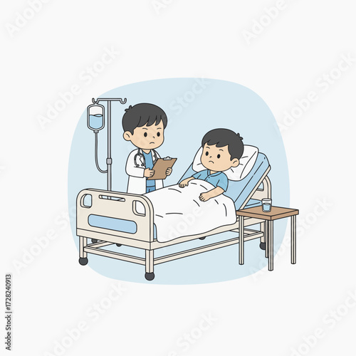 A compassionate doctor is checking on a young boy patient lying in a hospital bed with an intravenous drip.