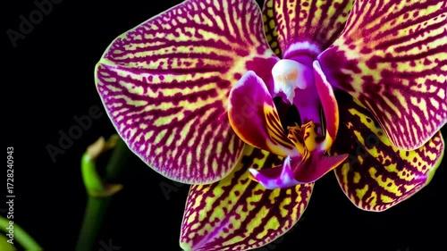 Close-up of a vibrant purple and yellow orchid