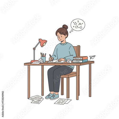 A focused woman studies hard at her desk, thinking about complex math problems, surrounded by books and papers.