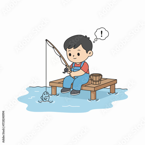 A cute cartoon boy in overalls is fishing on a wooden dock, surprised and excited to catch a fish.